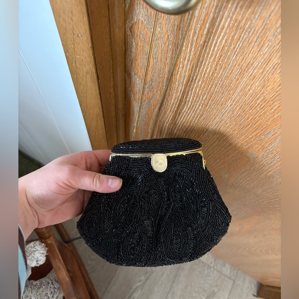 Black Beaded Vintage Evening Clutch with Gold Accents